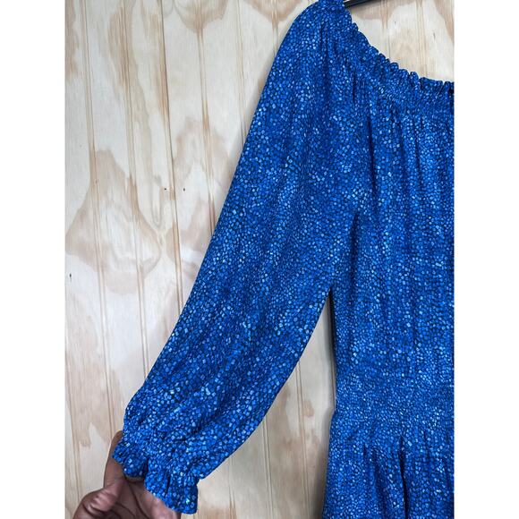 NWT Michael Kors On Off Shoulder Ruffle Dress Mosaic Blue M Cottagecore Tiered - Picture 5 of 8